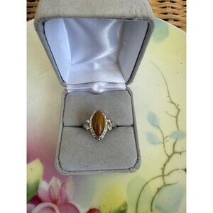Vintage 70s Uncus Sterling Silver Ring Marquis Shape Tigers Eye Size 8